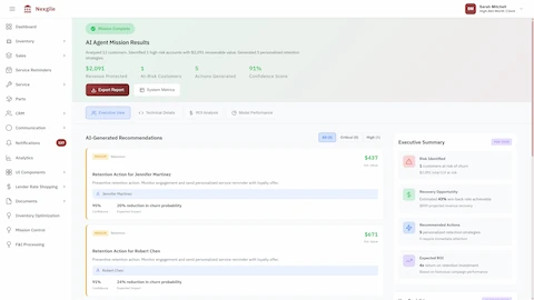 AI Mission Results - Retention actions for at-risk customers with churn probability reduction, revenue protected, and executive summary